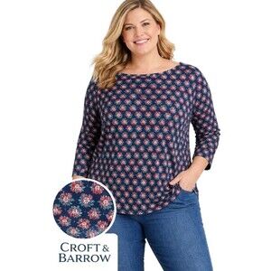 Croft Barrow Womens XXL Boatneck Floral 100% Cotton 3/4 Sleeve Navy Pullover Top